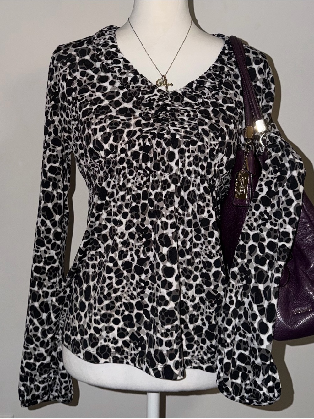 2000s vintage style whimsical black & white leopard print blouse front ruched